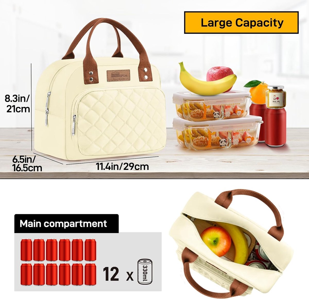 Geïsoleerde lunchtas voor vrouwen, mannen, werk, volwassenen, koeltas, lunchbox, container (beige)