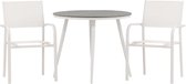 Salon de jardin Break, table Ø90cm gris, 2 chaises Santorini blanches.