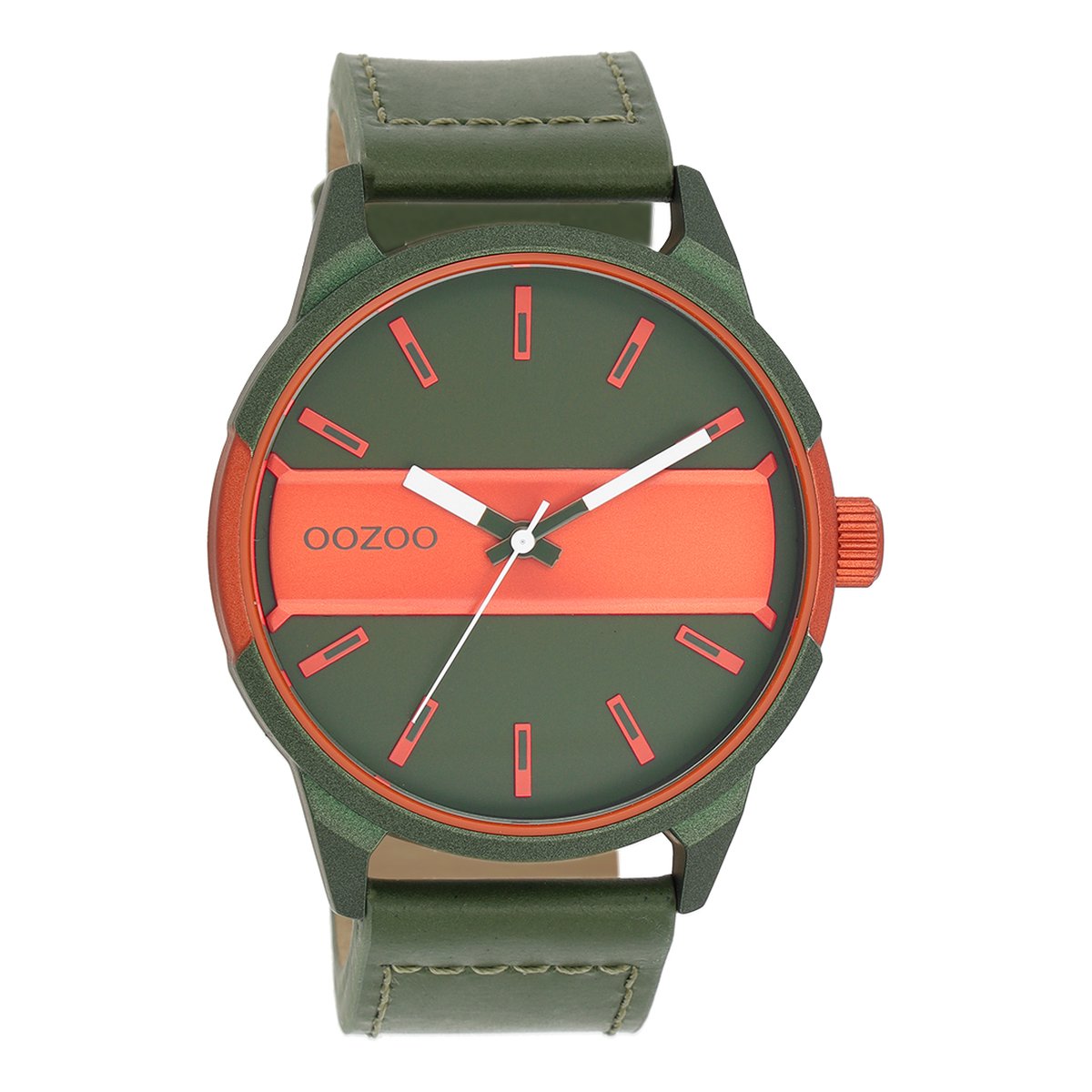 Groen-fluo oranje OOZOO horloge met groene leren band - C11318