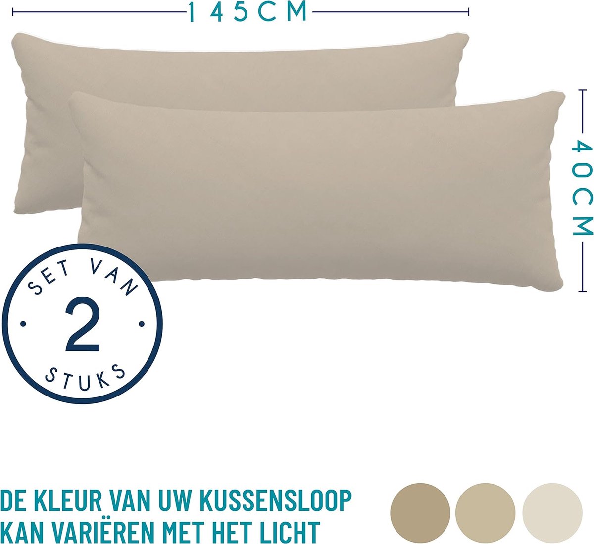 Taie Pillow 40x145 cm (veel 2) 100% katoenen trui 150 GSM - Beige - kussensloop 40 x 145 katoen - resistent en hypoallergeen kussendeksel voor kussen