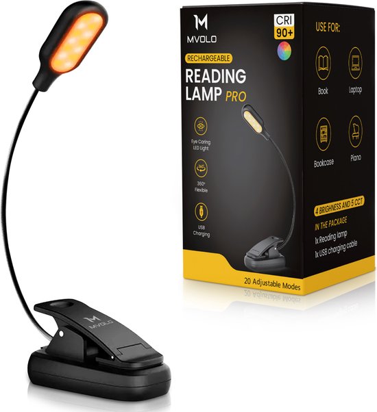 Mvolo Leeslamp met Klem - Leeslamp voor boek - Leeslampje zonder Blauwlicht - Nachtlampje Dimbaar - Amber Licht - USB-oplaadbaar