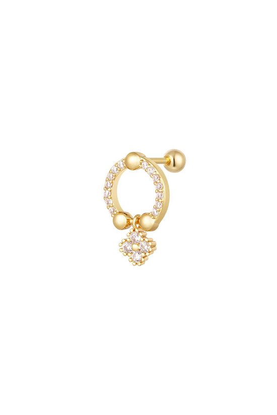 Piercing anneau doré avec un petit cercle, des zircons cubiques et un petit carré pendant orné de zircons.
