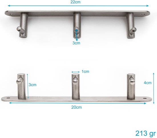 Dimensions du portemanteau en acier inoxydable : 22cm x 4cm (dessus) et 20cm x 4cm (dessous), poids 213gr.
