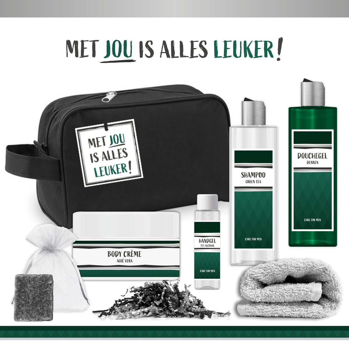 Goedkoopste Geschenkset Met jou js alles leuker! - 7 Producten - 830 Gram | Toilettas zwart - Giftset voor hem - Luxe Cadeau man - Cadeautje Vaderdag - Verjaardag Set - Wellness Pakket - Cadeaupakket - Vader - Opa - Broer - Vriend - Collega - Groen - Toilettas