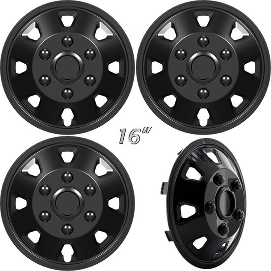 Set van vier zwarte 16-inch wieldoppen met een open design, plus een detailfoto van een wieldop.