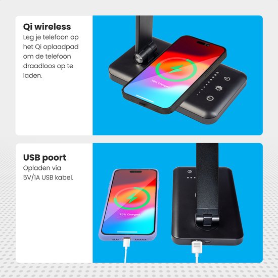 Zwarte Auronic bureaulamp: smartphone laadt draadloos op Qi-pad, en laadt op via 5V/1A USB kabel.
