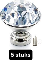 Kastknop Kristal - Kastknop Transparant & Zilver - 5 stuks - Deurknopjes Kristal voor kast - Deurknop Kristal - Deurknopjes Goud - Handgreep - Meubelknop zilver - Meubelknoppen zilver- Deurknopjes Kristal- Deurknoppen - Ladeknoppen voor deurtjes
