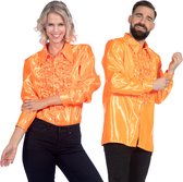 Jaren 80 & 90 Kostuum | Oranje Ruchesblouse Satijn Foute Disco | Maat 52 | Carnaval kostuum | Verkleedkleding