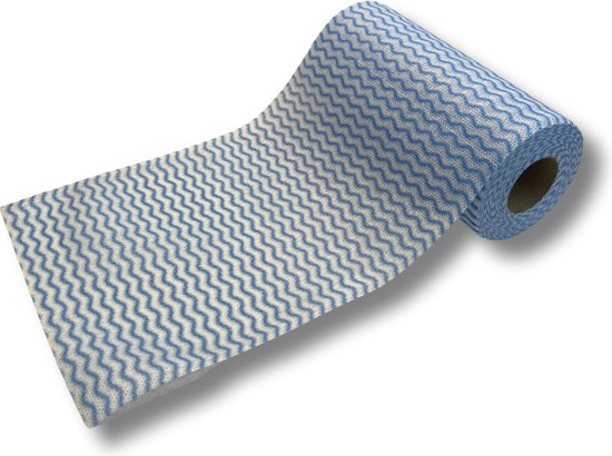 Rouleau d'essuie-tout ou de chiffons de nettoyage avec un motif zigzag bleu et blanc, sur un rouleau.