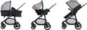 Drie configuraties van de Bebeconfort kinderwagen: reiswieg, autostoeltje en zitting.
