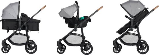 Drie configuraties van de Bebeconfort kinderwagen: reiswieg, autostoeltje en zitting.