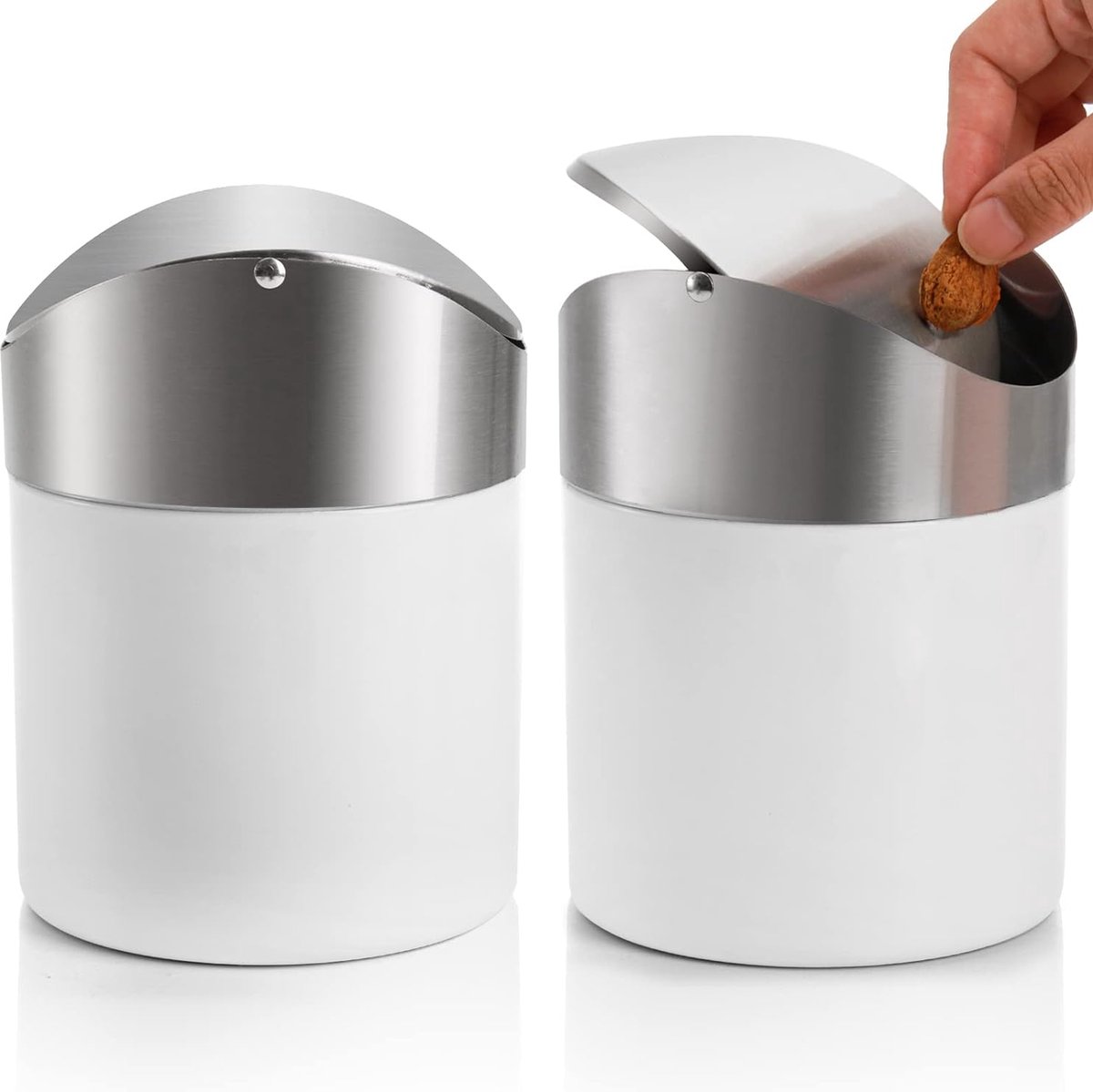 Goedkoopste 2-pack mini-prullenbak op aanrecht, witte roestvrijstalen prullenbak met schommeldeksel, kleine prullenbak voor thuis, kantoor, keuken, kaptafel, slaapkamer, auto