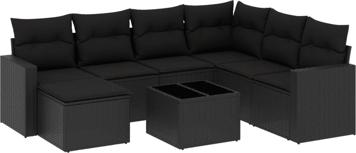 vidaXL 8-delige - Loungeset - met - kussens - poly - rattan - zwart