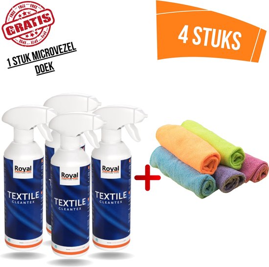 Vier flessen Royal Textile Cleantex met een stapel gekleurde microvezeldoekjes.