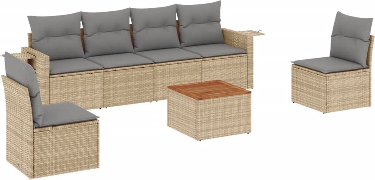 vidaXL 7-delige - Loungeset - met - kussens - poly - rattan - beige