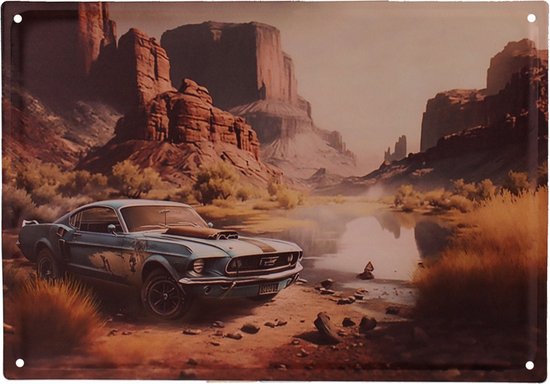 Foto: Metalen wandbord 3d relief blauwe 60s mustang fastback canyon homedeco 40 5x28cm