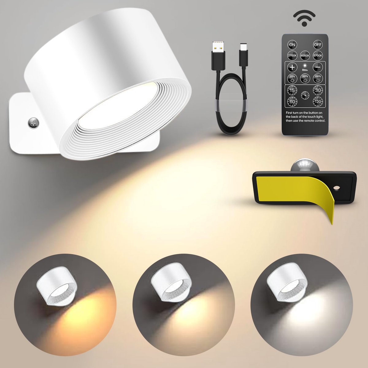 Luminize Oplaadbare wandlamp op batterijen draadloos - Met afstandsbediening - Dimbaar - Wandlamp op accu - Nachtlampje - Kastverlichting - USB oplaadbaar- wit