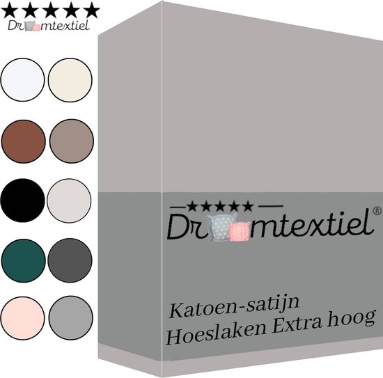 Droomtextiel Katoen - Satijnen Hoeslaken Grijs - Lits-Jumeaux - 160x200 cm - Hoogwaardige Kwaliteit - Super Zacht - Hoge Hoek -