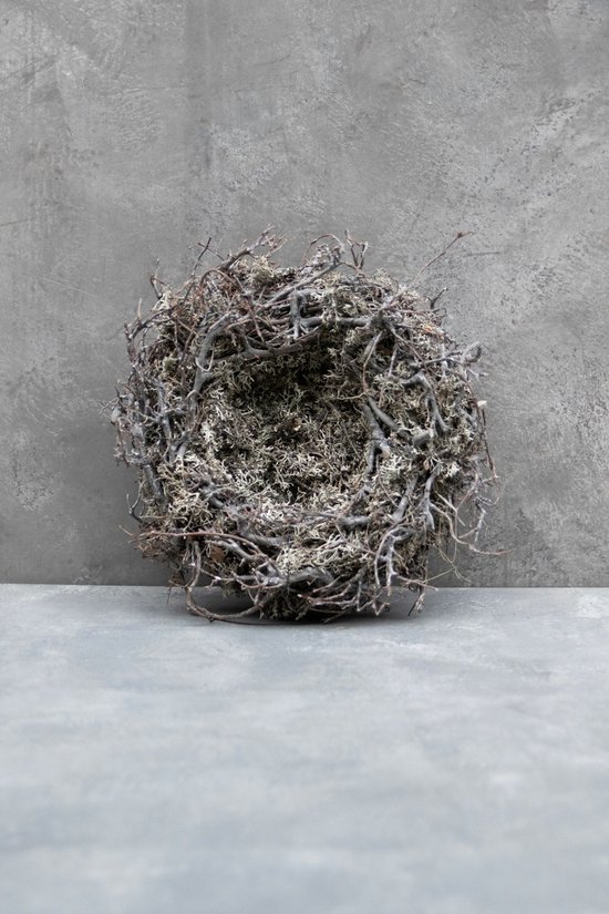 Couronne - Krans van mos met bonsai en nest 'Nest' (White wash, 30cm)
