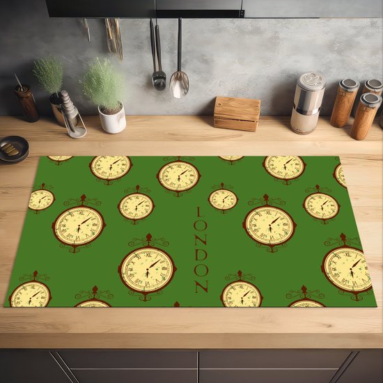 KitchenYeah® Inductie beschermer 91.6x52.7 cm - Londen - Vintage - Klok - Patroon - Kookplaataccessoires - Afdekplaat voor kookplaat - Inductiebeschermer - Inductiemat - Inductieplaat mat