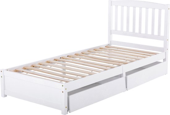 Merax Eenpersoonsbed 90x200 cm - Bed met Opbergruimte - Twee Laden - Wit