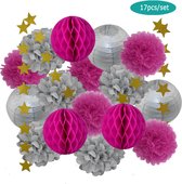 Versiering verjaardag 17 stuks - slingers verjaardag -mix van lantaarn lampion pompom ballen - feestelijk zilver roze - verjaardag decoratie