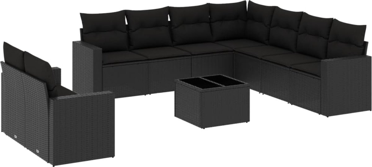 vidaXL 10-delige - Loungeset - met - kussens - poly - rattan - zwart