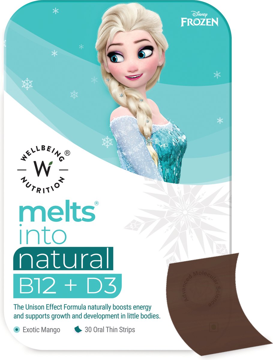 Goedkoopste Disney Frozen natural - Vitamine B12 & D3 - Smeltblaadjes (geen capsule & geen water) - Vitaminen en Mineralen Supplement - Snel oplossende orale vegan strips - 30 strips - Exotische Mango Smaak - Wellbeing2day MELTS for Kids