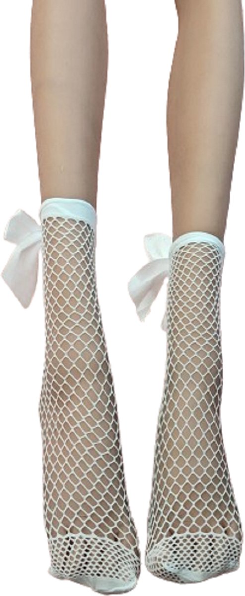 BamBella® korte gaas Sokken gaten panty stof met strik - Onesize kant Wit net - kousen