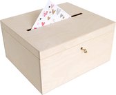 Houten kist met deksel, kaartenbox, bruiloft, 29 x 25 x 15 cm, geldgeschenken, houten doos met gleuf, slot en sleutel, cadeaukaarten, box, geldbox, brievenbus, opslagdoos