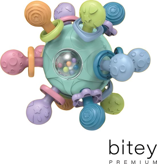 Bitey - Rammelaar Baby - Speelgoed - Bal - BPA-vrij - Grijp- en bijtspeelgoed - Spelen en ontdekken - vanaf 3 maanden - Ratel Geluiden - Blauwgroen