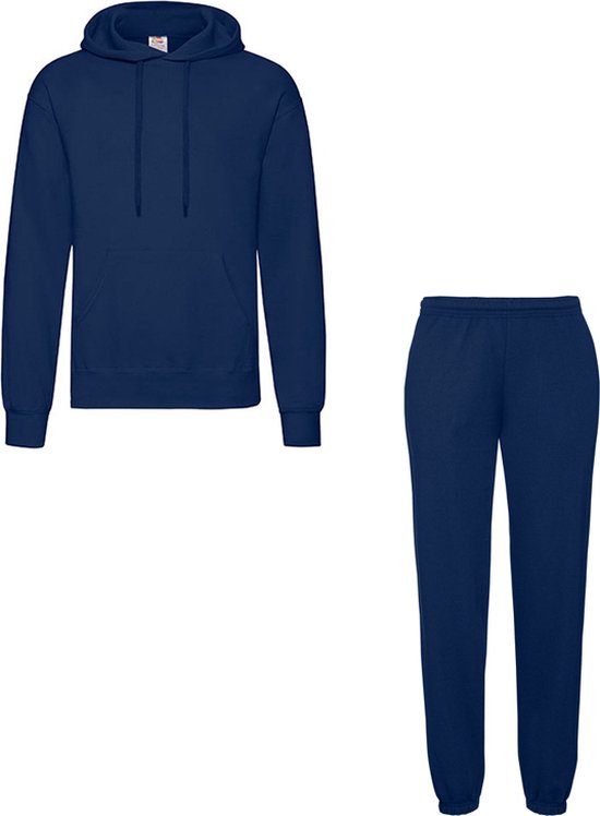 Foto: Fruit of the loom klassiek joggingpak 2 delig hoodie sweatpant dames heren katoen fleece huispak unisex marine l