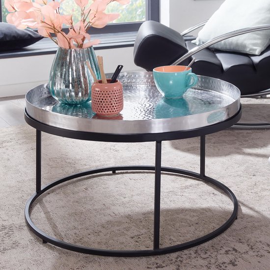 Koffietafel Aluminium 62x62x36 cm Salontafel Gehamerd Metaal Zilver | Tafel Woonkamer Rond | Woonkamertafel Modern | Kleine Bijzettafel