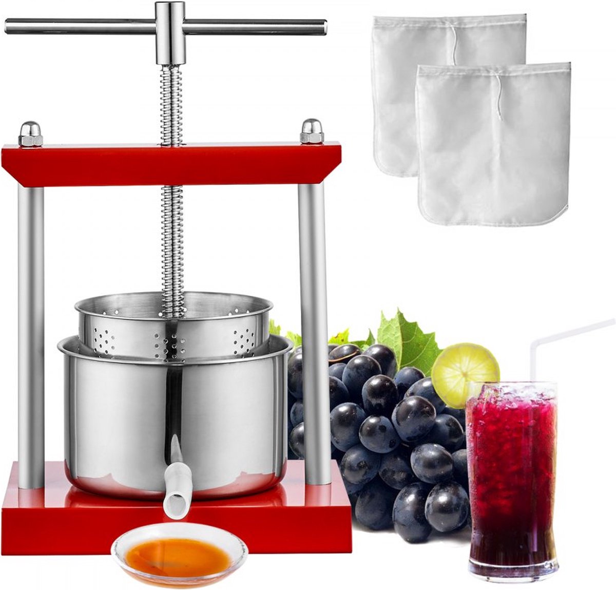 6 L Fruitpers Appelpers Fruitpers met T-Handvat Bessenpers 18 x 15 cm Appelpers Handmatige Juicer Fruitpers Mechanische RVS Pers Geschikt voor Sap Fruitpuree enz
