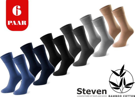 STEVEN - Bamboe Sokken - Multipack 6 Paar - Maat 41-43 - Luxe Heren Sokken Bamboo - Drukvrij - Zwart Grijs Jeans Marineblauw Beige Grafiet - Voor onder een Pak - MADE in EU