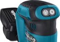 Detail van de turquoise Makita schuurmachine met bedieningsknoppen.