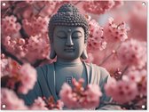 Tuinschilderij Boeddha - Beeld - Sakura - Buddha - Kersenbloesem - 80x60 cm - Tuinposter - Tuindoek - Buitenposter