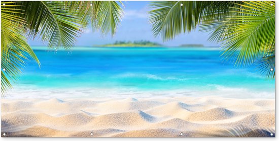 Schuttingposter Strand - Palmboom - Zee - Eiland - 200x100 cm - Tuindoek