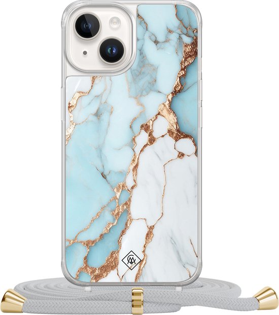 Casimoda® - Coque iPhone 14 avec cordon gris - Marbre bleu clair - Cordon amovible - TPU/acrylique