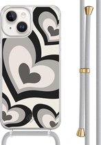 Casimoda® hoesje met grijs koord - Geschikt voor iPhone 14 - Hart Swirl Zwart - Afneembaar koord - TPU/acryl - Zwart