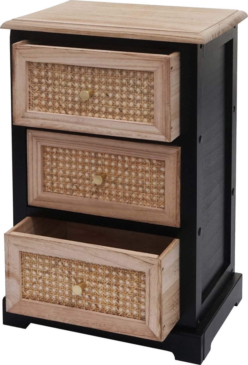 MCW Ladekast MCW-K87, ladekast kast, hout rotan 63x40x28cm ~ zwart, natuurlijke kleur