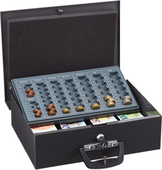 geldkistje met slot en 2 sleutels - vakken voor briefjes & euromunten - 8,5 x 30,5 x 24,5 cm - grijs