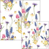 Ambiente servetten - voorjaarsbloemen - blauwe druifjes, tulpen - 2 pakjes 33x33cm en 25x25cm - blauw roze geel