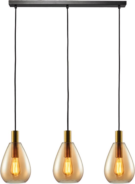 Moderne Hanglamp Dorato | 3 lichts | goud / zwart | glas amber / metaal | Ø 18,5 cm | in hoogte verstelbaar tot 150 cm | eetkamer / eettafel lamp | modern / sfeervol design | lengte van 100 cm