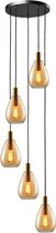 Moderne Hanglamp Dorato | 5 lichts | goud / zwart | glas amber / metaal | Ø 18,5 cm | in hoogte verstelbaar tot 320 cm | eetkamer / eettafel lamp / woonkamer | modern / sfeervol design | getrapt