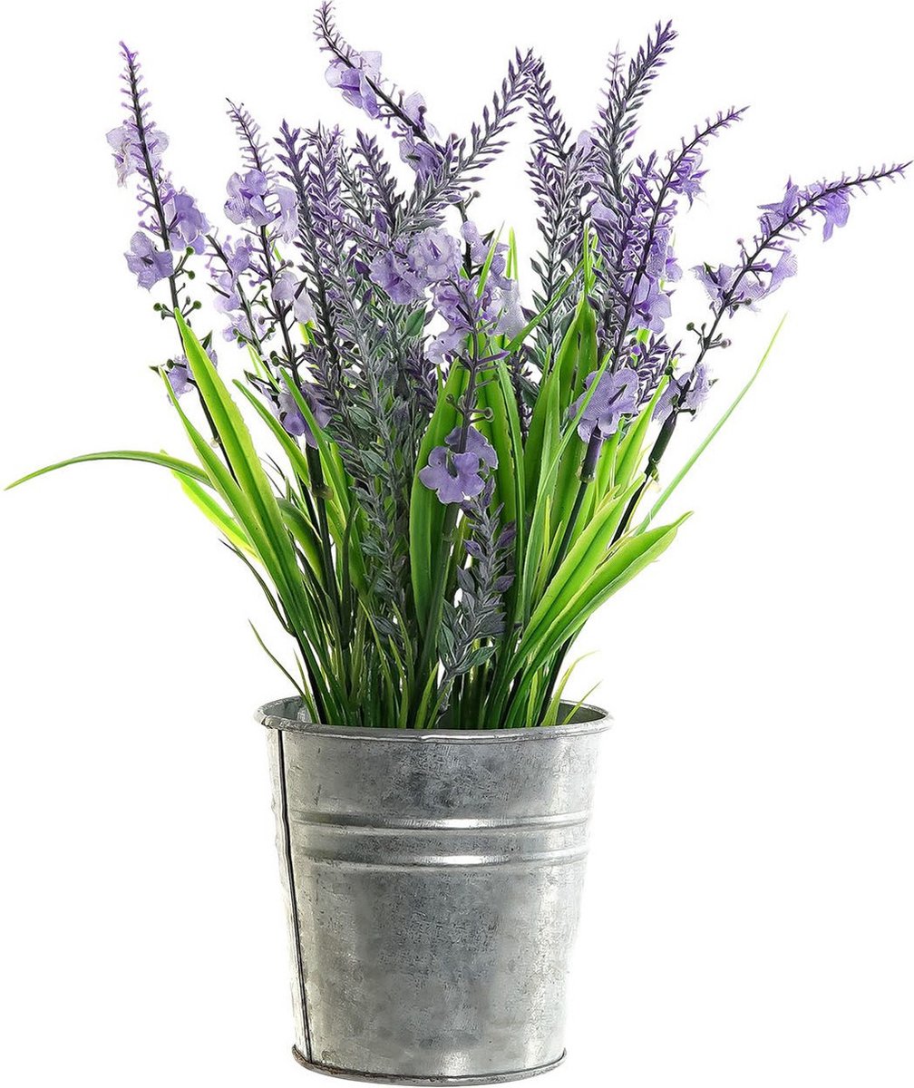 Lavendel kunstplant/kamerplant paars in grijze sierpot H28 cm x D18 cm - Kunstplanten/nepplanten