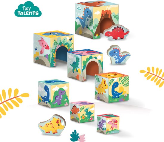 SES - Tiny Talents - Stapelblokken toren met dinosaurus figuren - Montessori - 7 stapelblokken met 3 speel dino's - mooi geïllustreerd - Speelgoed 1 jaar van SES — afbeelding 2