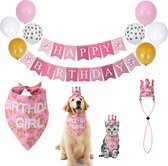 Verjaardag Versiering voor Honden - Honden Thema Verjaardag decoratie - Maat L voor Middelgrote Honden - 8 Ballonnen - Honden cap - Bandana hond - Honden kleding- Hondenaccessoires - Roze