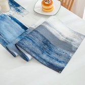 Tafelloper lente blauw en grijs linnen 40 x 140 cm modern olieverfschilderij abstracte kunst tafelloper decoratieve doek voor huisdecoratie, kamerdecoratie, lente zomer feestdecoratie, Pasen,