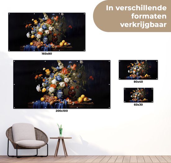 Affiche de jardin Fleurs - Fruits - Nature morte - Hollandais - 80x40 cm - Décoration murale extérieure - Affiche de jardin - Toile de jardin - Affiche clôture - Peinture de jardin